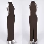 Luxury Sheer Corset Brown Long Dresses for Women – Long Sleeve High Neck See Through Bodycon Maxi Dress with Mesh Waist Detail - Image 6
