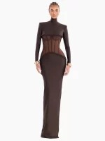 Luxury Sheer Corset Brown Long Dresses for Women – Long Sleeve High Neck See Through Bodycon Maxi Dress with Mesh Waist Detail