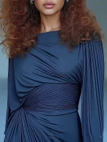 Sexy Slash Collar Pleat Slim Evening Dress Elegant High Waist Solid Color Banquet Dress Lady Leisure Irregular Long Sleeve Dress