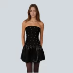 Ladies' Elegant Mini Handcrafted Diamond Satin Pleated Fashion Slim-Fit Bandeau Holiday Birthday Party Strapless Dress