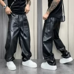 Mens Pu Leather Pants Multi-Pocket Pu Pants Streetwear American Hip-Hop All-Match Solid Color Simple Casual Pants Men'S Clothing