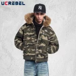 Badge Embroidery Camouflage Padded Jacket Mens Retro High Street Winter Fur Collar Hooded Long Sleeve Thick Outerwear Man