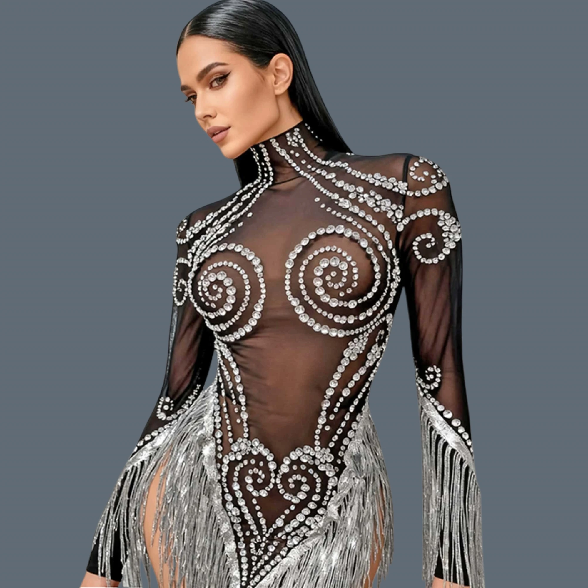 kf-S3431238ff7ab40adbb6af902cff101ddd Ladies Latin Dance Team Outfit Sparkly Rhinestone Tassel Mini Dress Black See Through Mesh Dresses Stage Performance Wear Heitao - Image 1