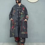 Women's Spring Embroidered Appliqué Retro Distressed Old Cloth Stitching Disc Button Cardigan Windbreaker Wide-waisted Coat - Image 5