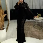 Lace Embroidery Long Sleeved Spring Autumn Dress Sexy Perspective Slim Party Dress Ladies Fashion V-neck High Waist Office Dress - Image 2