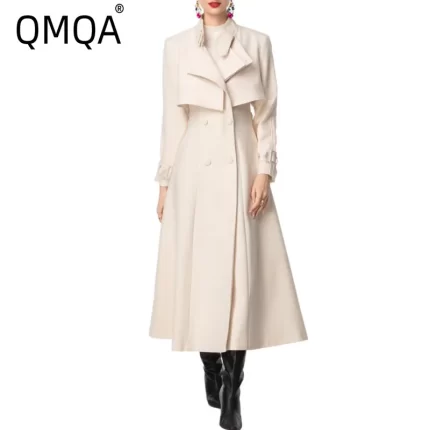 QMQA Fashion Women's Elegant Trench Coat Stand Collar Double Breasted Cape Belted Long Sleeve Flared Long Windbreaker 2025 QM931