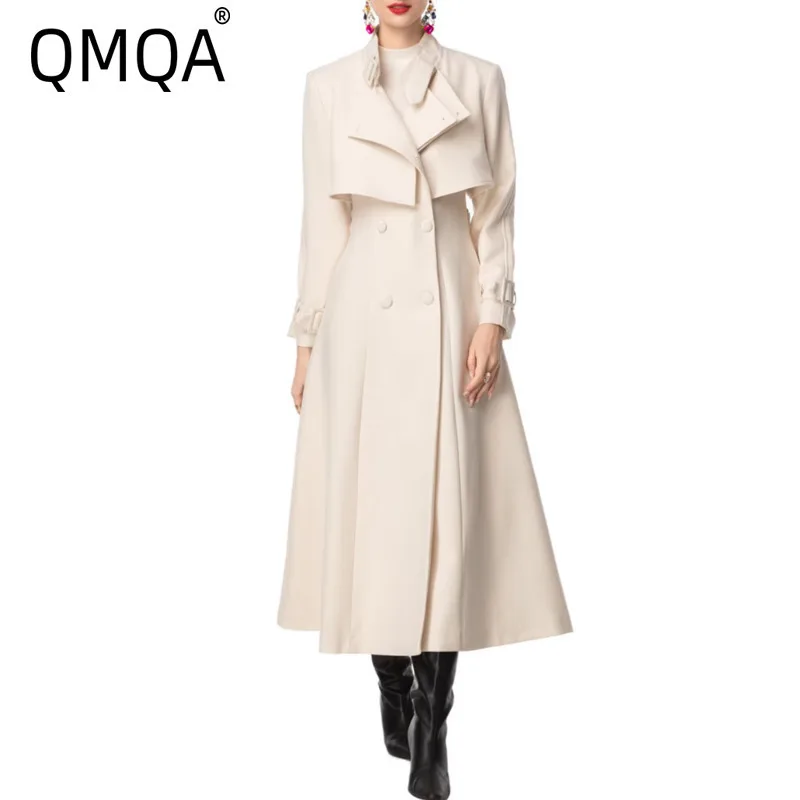 kf-S3bbe7e61261042f5adcee61aba09e792t QMQA Fashion Women's Elegant Trench Coat Stand Collar Double Breasted Cape Belted Long Sleeve Flared Long Windbreaker 2025 QM931 - Image 1