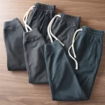 372# Autumn Winter New Heavyweight Mesh Knitted Sweatpants Men's 100% Cotton Washed Elastic Waist Casual Sports Ankle-tied Pants - Image 2