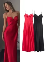 HH 2025 Women Summer Holiday Style Back Zipper Satin Texture Long Dress Sleeveless Women's Fashion Red V-Neck Sling Dresses