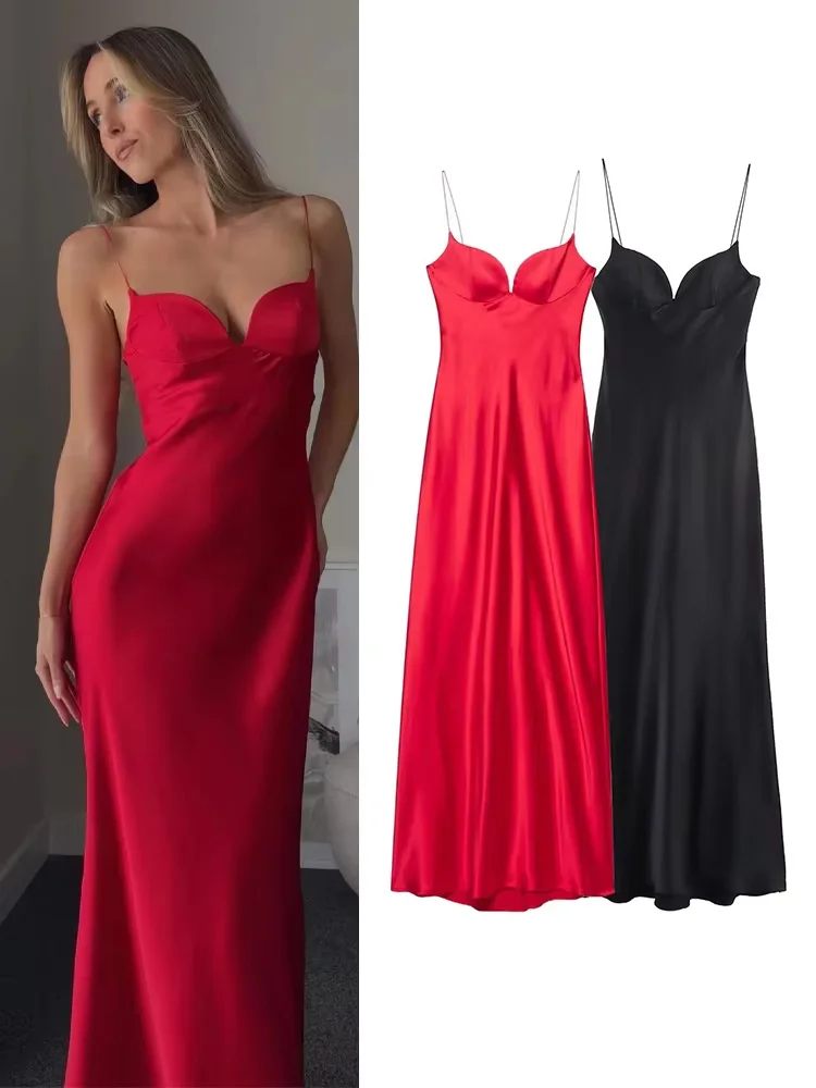 kf-S3c04d7a843f64ce7b8b187bf47a2d9edD HH 2025 Women Summer Holiday Style Back Zipper Satin Texture Long Dress Sleeveless Women's Fashion Red V-Neck Sling Dresses - Image 1