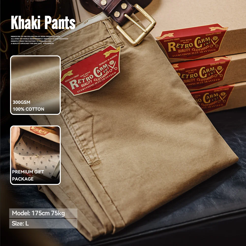 kf-S3f25b5506d6741fa99dd4a9e98ebe15ev Maden Vintage Heavyweight Twill Cotton Khaki Chinos Straight Fit Men's Autumn Workwear Casual Pants Zip Fly Trousers - Image 1