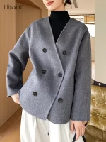 Women 100 Wool Tops Coat Fashion V-neck Short Coats Woolen Jacket Hand Sewing Autumn Winter Wool Blazer Double-Breasted #22 - Image 2