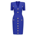 ZJYT Elegant Women's Midi Knitting Sweater Dresses Green 2025 Fashion Designer V Neck Short Sleeved Buttons Bodycon Party Dress