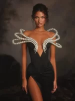 Women Celebrity Sexy Off Shoulder Pearl Black Maxi Long Bandage Bodycon Dress 2025 Elegant Evening Club Party Outfit - Image 2