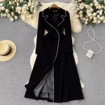 Elegant Autumn Winter Black Velvet Long Trench Coat New 2023 High Quality Women Diamonds Notched Collar Thick Warm Maxi Outwear