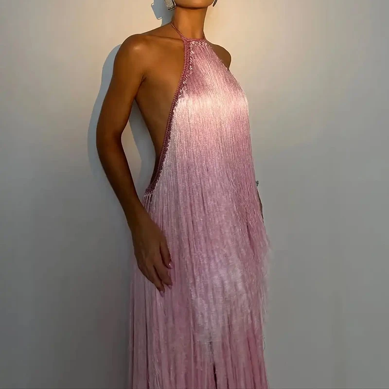 kf-S422b0c149cd7418d90339ceb36359f36E Elegant Temperament Sleeveless Hollow Out Long Dress Tassel Solid Women's Birthday Dress 2026 New Slim Fit Backless Party Dress - Image 1