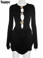 Nsauye Autumn Winter Women 2025 Sexy Night Club Mini Wrap Hollow Out Party Dress Fashion Elegant Evening Short Dress Long Sleeve - Image 3