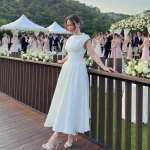 Suninheart Women Circle Cut Out Back Dress Wide Shoulders and Fitted Waist Prom Dress Fluffy Hem Midi Wedding Party Dresses - Image 2