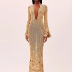 Shinny Sequin Knitted Maxi Dress Deep Neck Lace Up High Waist Long Robes See Though Party Club Dresses 2025 New Lady Clothing