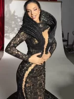 VC Lace Accent Maxi Dress High Neckline Cut-out Tulle Fabric Long Sleeves Floor Length Cocktail Party Evening Gowns - Image 3