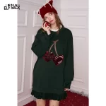 ELFSACK Y2K Sweet Loose Cherry Embroidery Faux Collar Ruffle Hem Short Dress For Women