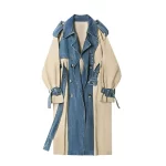 2025 Spring Autumn Fashion Long Denim Splice Trench Coat Women Double Breasted High Quality Windbreaker Female Loose Outerwear - Image 2