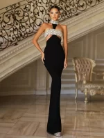 Women Celebrity Sexy Halter Beading Crystal Black Maxi Long Bodycon Bandage Dress 2025 Elegant Evening Club Party Dress