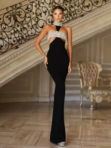 Women Celebrity Sexy Halter Beading Crystal Black Maxi Long Bodycon Bandage Dress 2025 Elegant Evening Club Party Dress