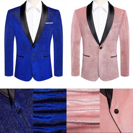 Fashionable men's formal suit jacket with a reflective effect under lighting, suitable for both casual and formal occasions.