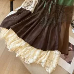 Women's Retro Art A-line Midi Dress Lace Paneling Ruched Shirring Green Autumn Japanese Y2K Niche Harajuku Pastoral Fairy Skirt - Image 3