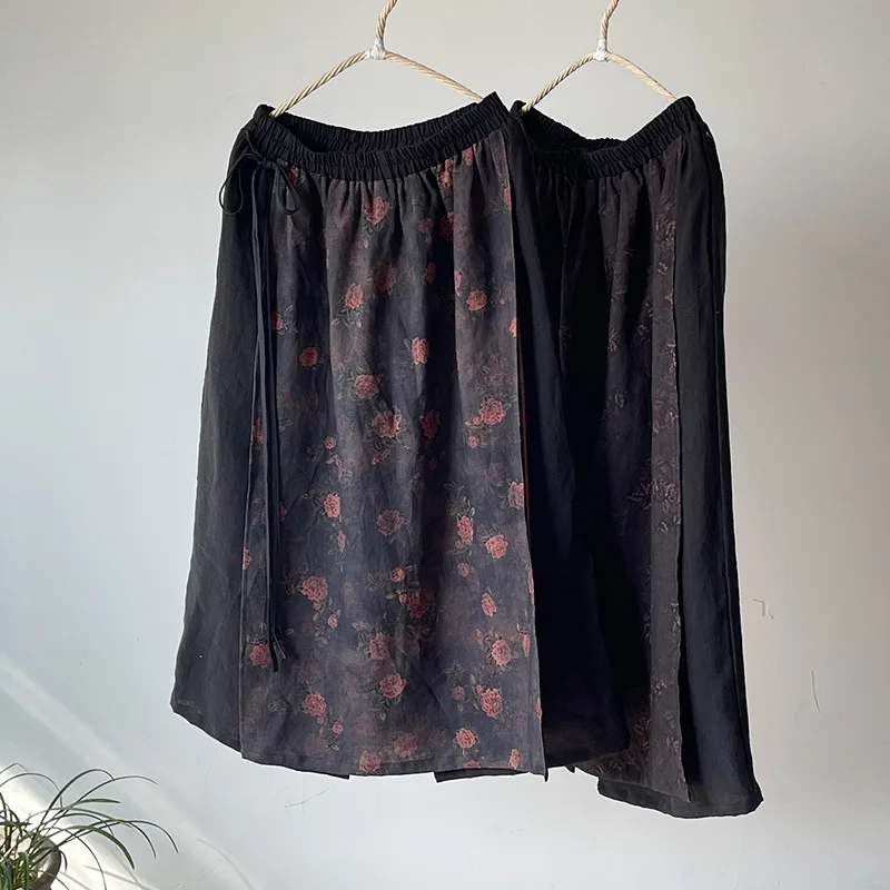 kf-S49f8fa8888d847968ee2944c0dc859c3q Literary Floral Print Ramie Skirts Women Original Design A-Line Long Double Layer Casual Elastic Waist Skirt High Waist Vintage - Image 1