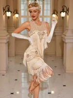 1pc Vintage 1920S Inspired Sleeveless Elegant Flapper Dress With Pringe Decor Lady Dress