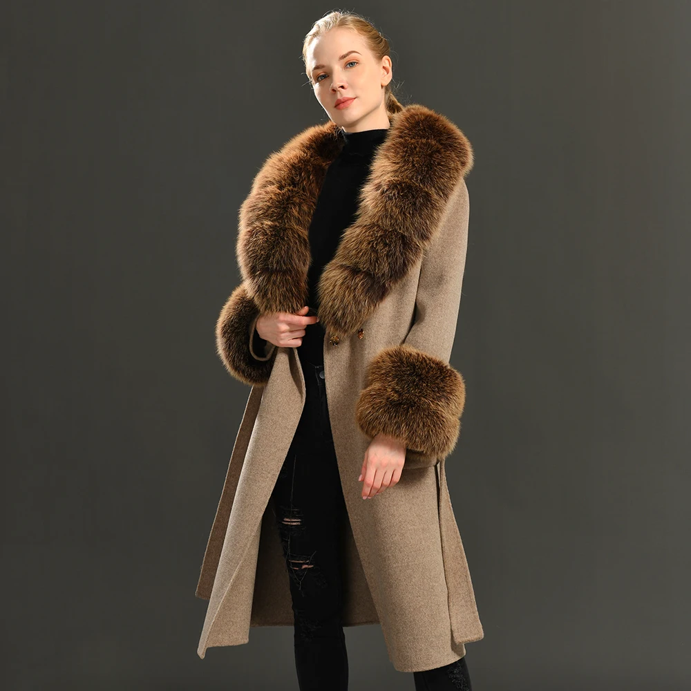 kf-S4ad7f0c7ab6a4d49b9e661298cff0623H Jaxmonoy Cashmere Wool Trench Coat for Women Big Size Fur Collar Double Face Elegant Overcoat with Belt Spring and Fall Overcoat - Image 1