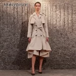 TWOTWINSTYLE Solid Slimming Spliced Lace Up Fashion Trenchs for Women Lapel Long Sleeves Patchwork Ruffles Folds Trench Female