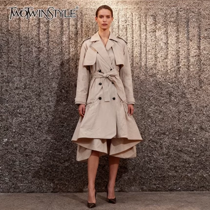 TWOTWINSTYLE Solid Slimming Spliced Lace Up Fashion Trenchs for Women Lapel Long Sleeves Patchwork Ruffles Folds Trench Female