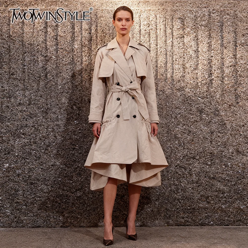 kf-S4c3d2b8a5b93433c8366a9ec299b5045O TWOTWINSTYLE Solid Slimming Spliced Lace Up Fashion Trenchs for Women Lapel Long Sleeves Patchwork Ruffles Folds Trench Female - Image 1