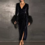 2025 Retro Diamond Slim Split Maxi Dresses Feather Patchwork Long Sleeved Autumn Winter Dress Sexy V Neck Cinched A-line Dress