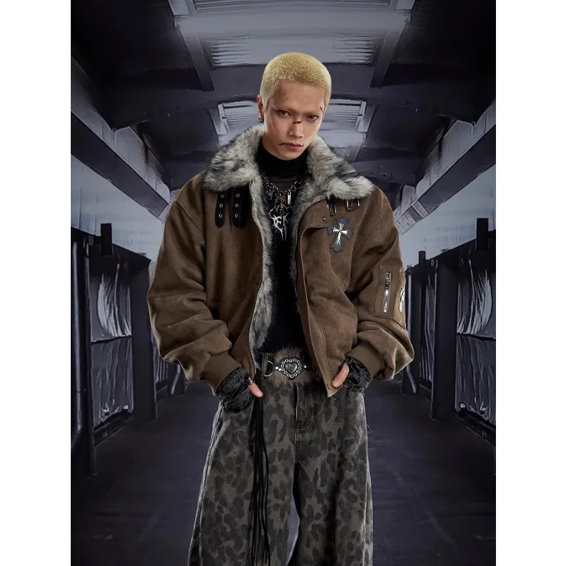 kf-S4d3239e818544538a0f21c83c327a1bfR Men's Winter Padded Jacket Fur Collar Thickened Warm Loose Vintage Coat High Street Style Cross Embroidery Parka Men Streetwear - Image 1