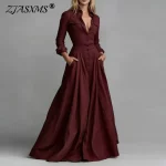 Spring Fashion Shirt Collar Button Long Dresses Woman Elegant High Waist Pocket Party Dress Autumn Long Sleeve Loose Swing Dress
