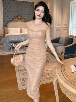 Fashion Shiny Gold Sequin Evening Dresses Women Mujer Ladies Elegant Luxury Bodycon Dress Gown Banquet Robe Femme Vestido Fiesta