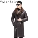 YOLANFAIRY Natural Wool Fur Coat Man Winter Mid-length Luxury Genuine Sheepskin Leather Jacket Men Raccoon Fur Collar Fur Coats