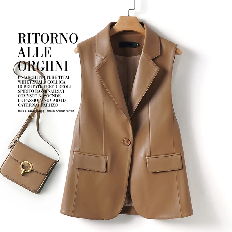 kf-S50f147f03326474cb85fb25992a6e7608 Women's Split Sheepskin Vest Jackets 2025 New Chic Lapel Collar Single Button Female Slim-fit Split Leather Waistcoat Coats Tops - Image 1