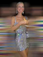 VC 2024 Summer New Women's Sexy Sleeveless Diamond Lace Up Mini Dress Shiny Crystals Bodycon Celebrity Club Party Cocktail Dress - Image 2