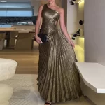 Sexy Symmetrical Hollow Pleats Long Dress Lady Fashion Slanted Neck High Waist Party Dress Elegant Temperament Solid Party Dress