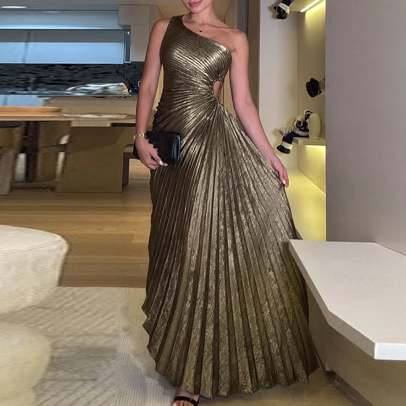 kf-S5279425b5fdb43f09326da162415932dk Sexy Symmetrical Hollow Pleats Long Dress Lady Fashion Slanted Neck High Waist Party Dress Elegant Temperament Solid Party Dress - Image 1