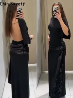 Elegant Backless Pleated Long Dress Women Half Sleeve Slim Slit Ribbon Evening Gown Female 2026 Spring Summer Autumn Lady Robes - Image 3