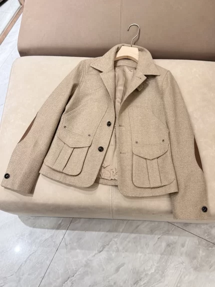 Elegant khaki spliced brown long sleeved lapel single breasted jacket autumn new clothing silk wool blend women's jacket