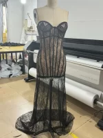 VC Gala Ethereal Glamour Lace-Detailed Black Strapless Backless V Neck Mermaid Gown with Sheer Mesh Maxi Dress - Image 5