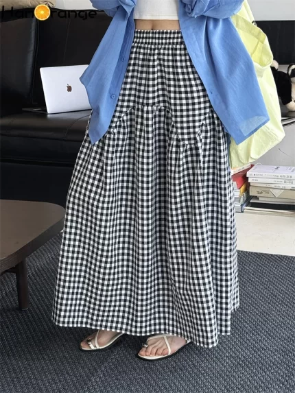HanOrange 2025 Summer Retro Patchwork Plaid Skirt A-line Long Skirt Black/Blue