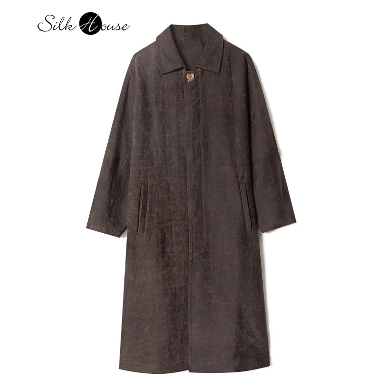 kf-S572b0070590b46c689353a9da2a30a39F Old Money Style Coffee Retro Lapel 100% Natural Mulberry Silk Gambiered Guangdong Gauze Women's Fashionable Windbreaker Jacket - Image 1